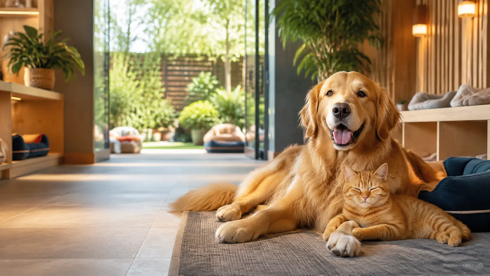 Perro y gato descansando juntos en las instalaciones de Kali